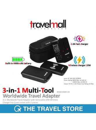 TRAVELMALL 3-in-1 Multi-Tool Worldwide Travel Adaptor แบตเตอรี่สำรอง 4000mAh ชาร์จด้วยสาย หรือไวไฟก็ได้